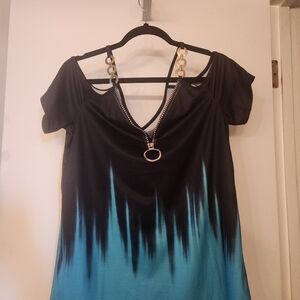 Black and Teal Cold Shoulder Top